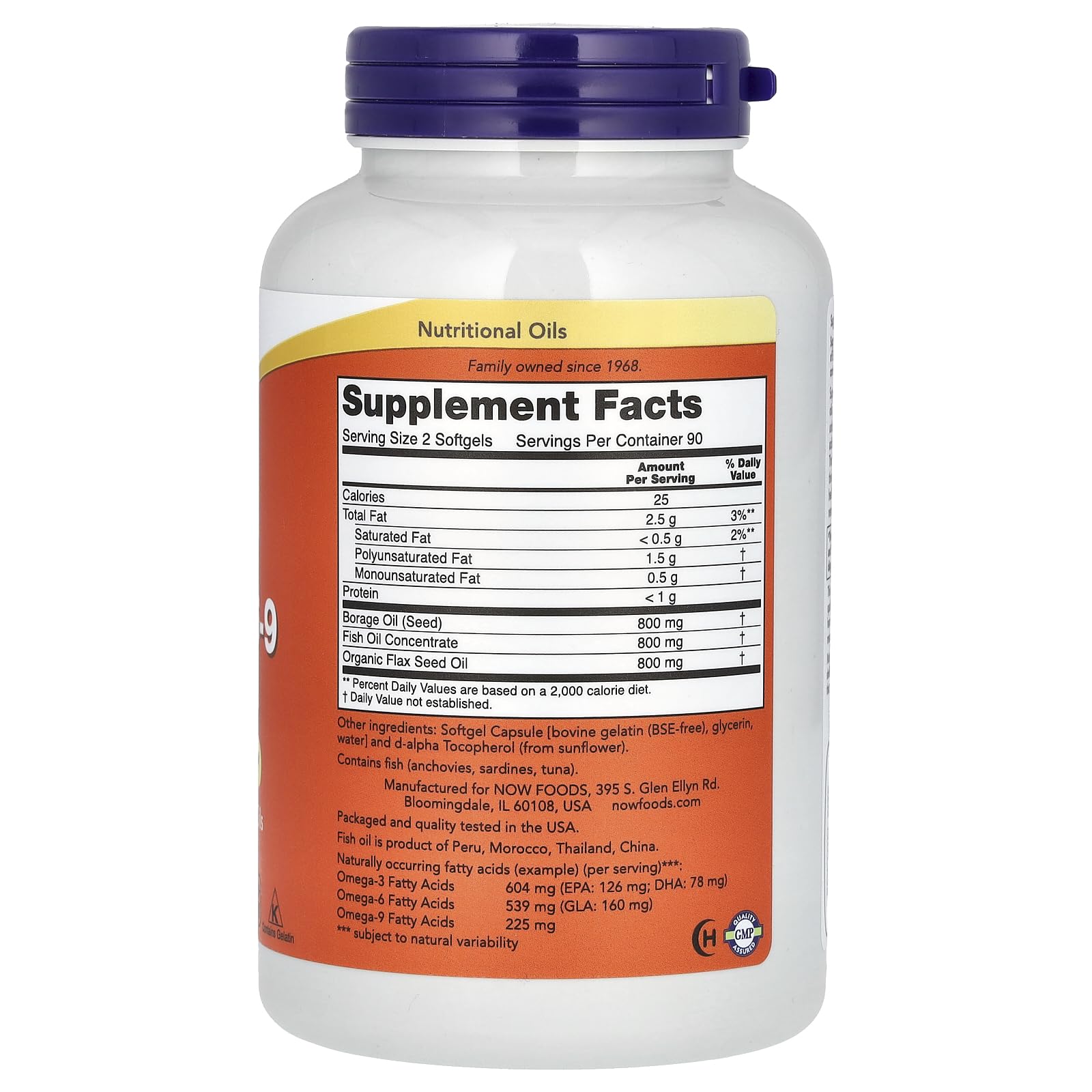 NOW Foods Super Omega 3-6-9 softgels pour display for easy supplementation.