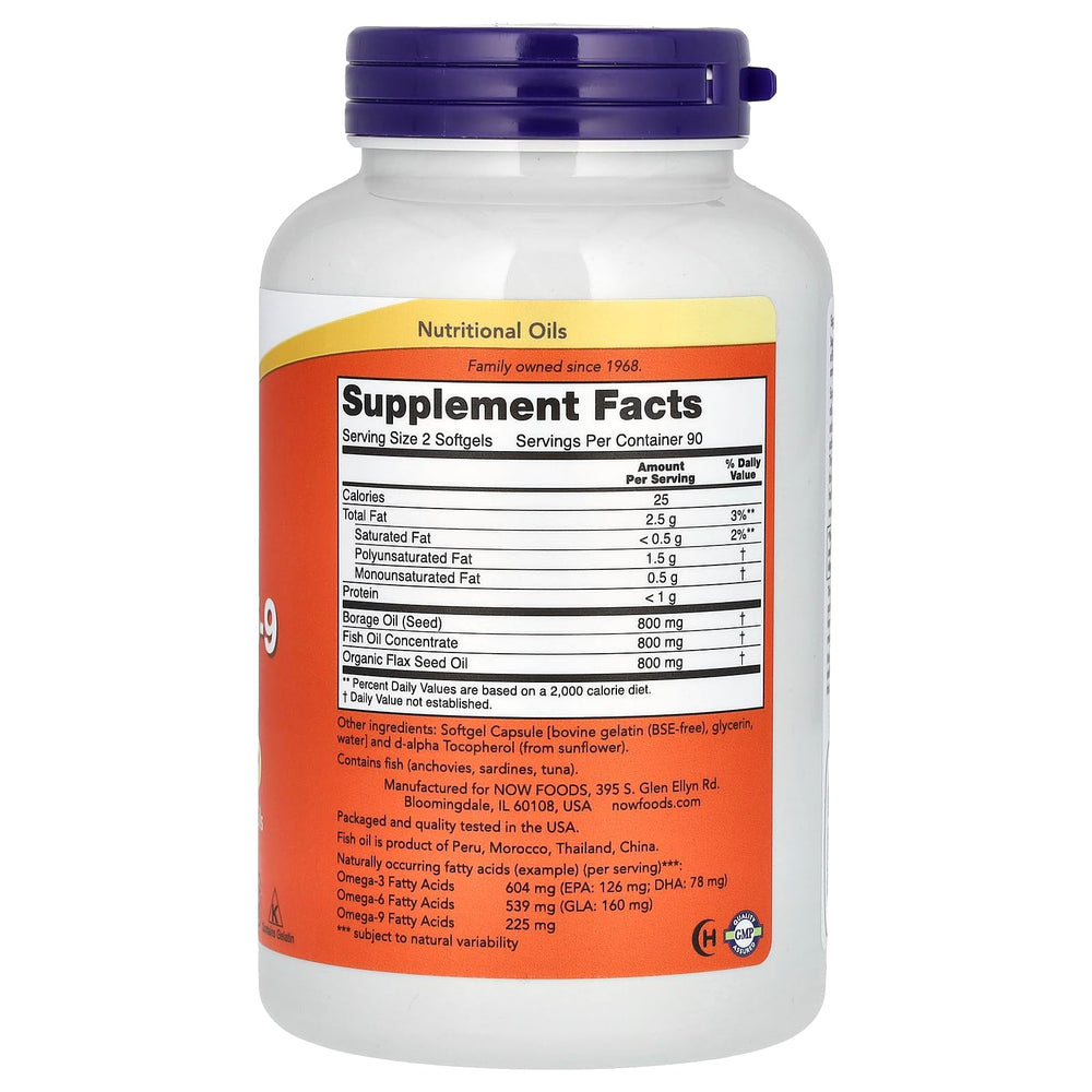 NOW Foods Super Omega 3-6-9 softgels pour display for easy supplementation.