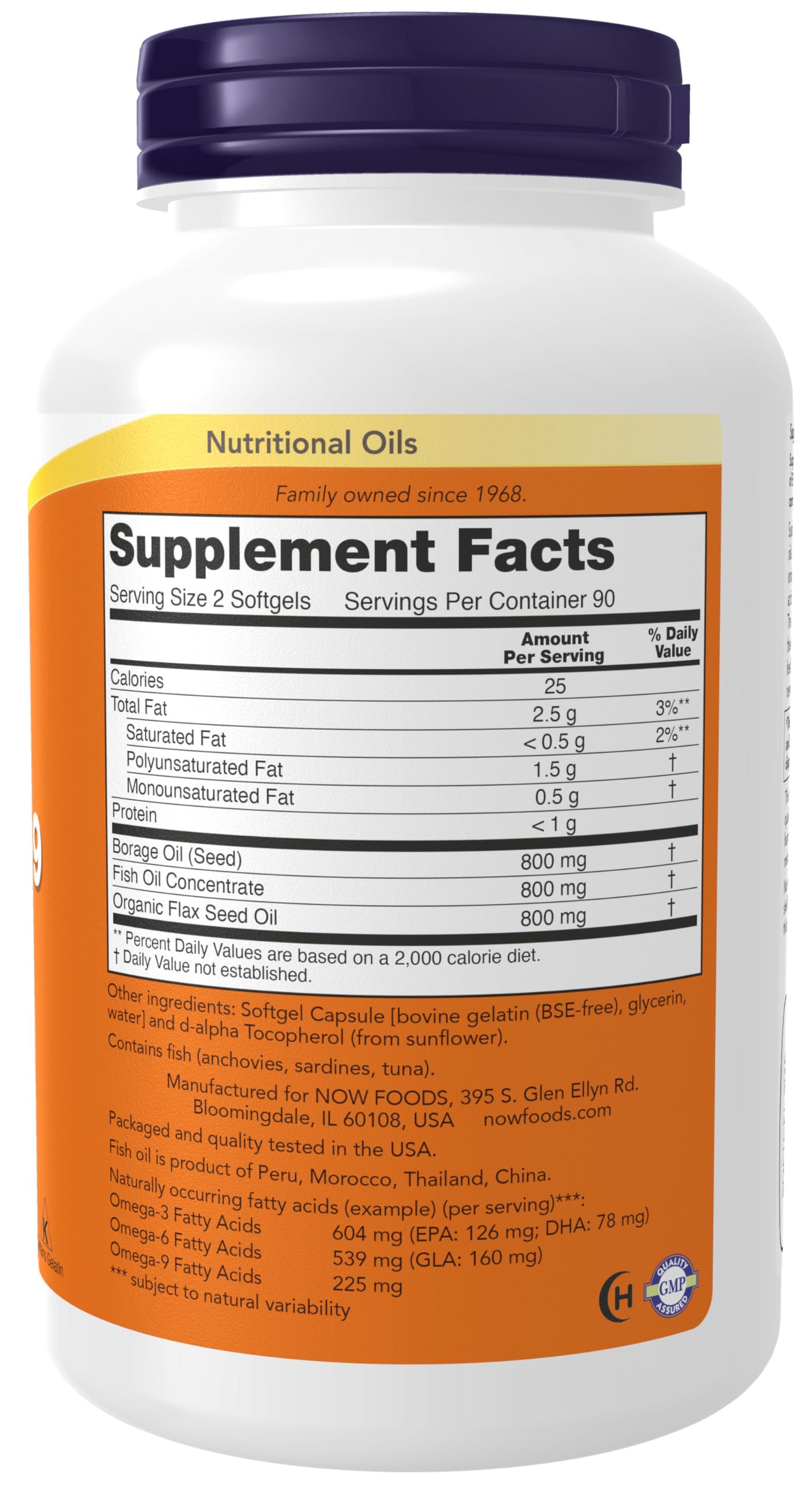 NOW Foods Super Omega 3-6-9 bottle back showing ingredients and certifications for quality