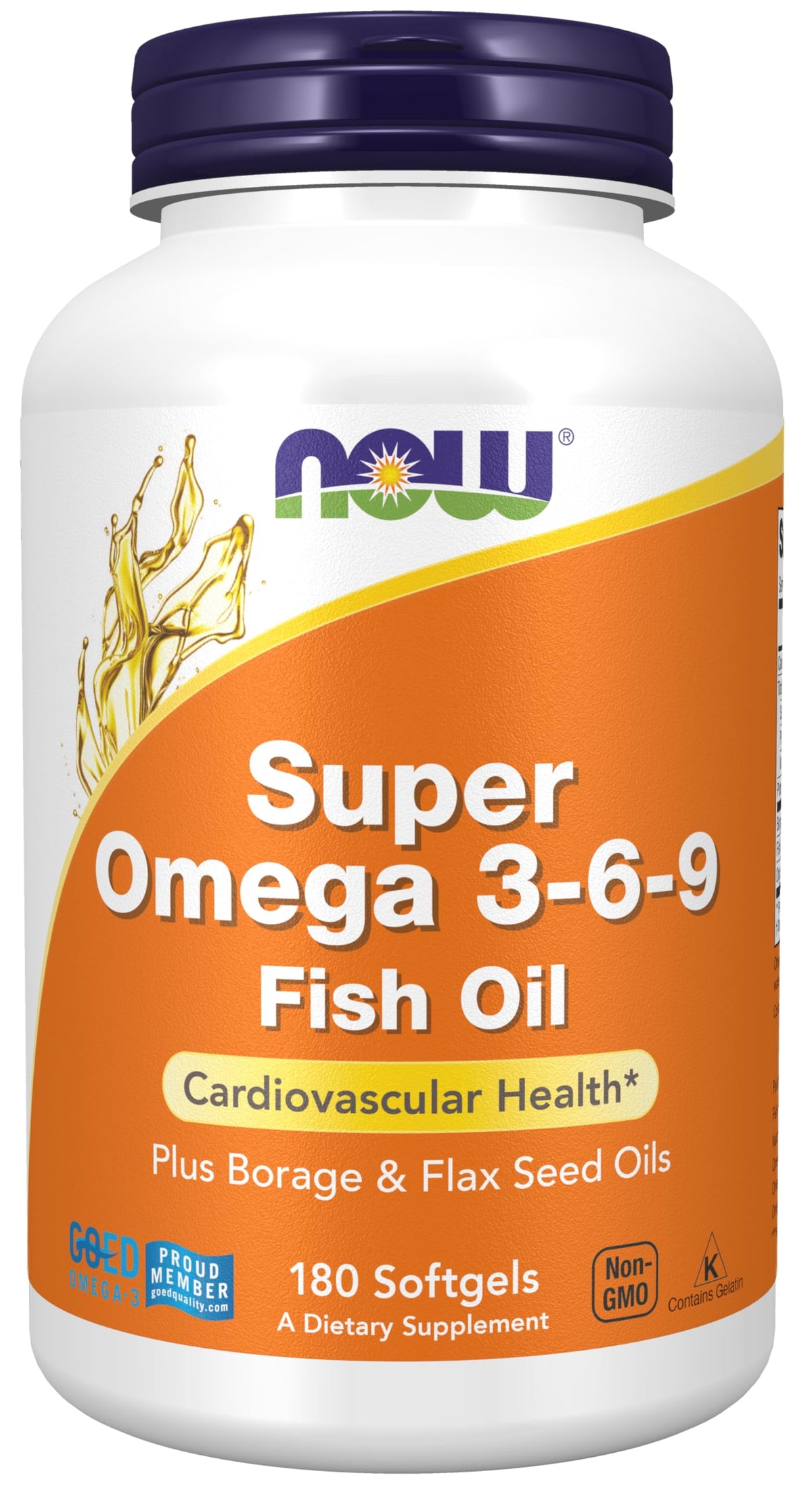 NOW Foods Super Omega 3-6-9 bottle front highlighting omega blend for skin and heart support