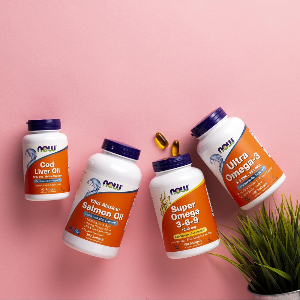 NOW Foods Super Omega 3-6-9 bottle label highlighting per-serving omega content
