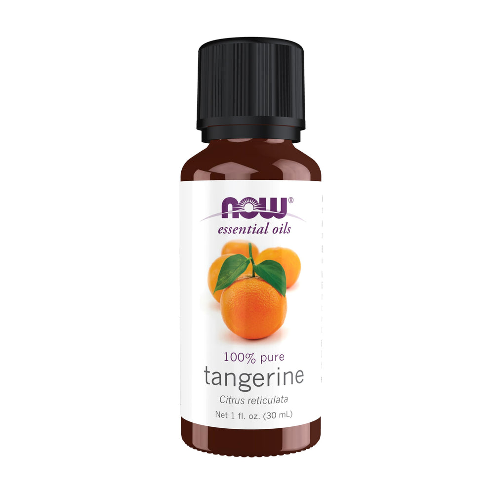 NOW Foods Tangerine oil 1oz bottle showcasing pure citrus aroma for mood uplift