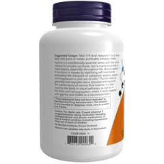 NOW Foods Taurina en polvo, etiqueta con certificaciones de calidad y pureza