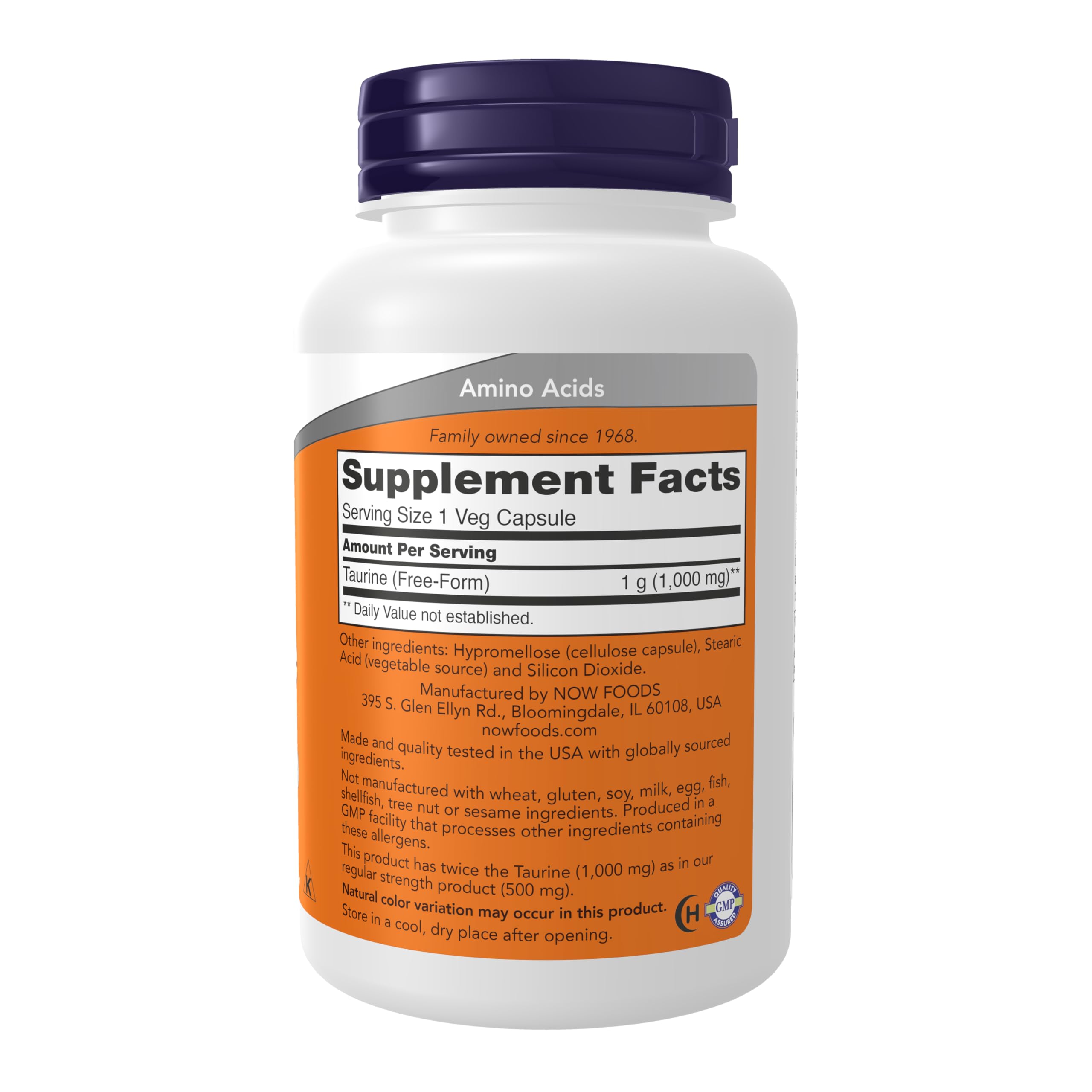 NOW Foods Taurine 1000 mg capsules close-up for vegan, allergen-free supplement