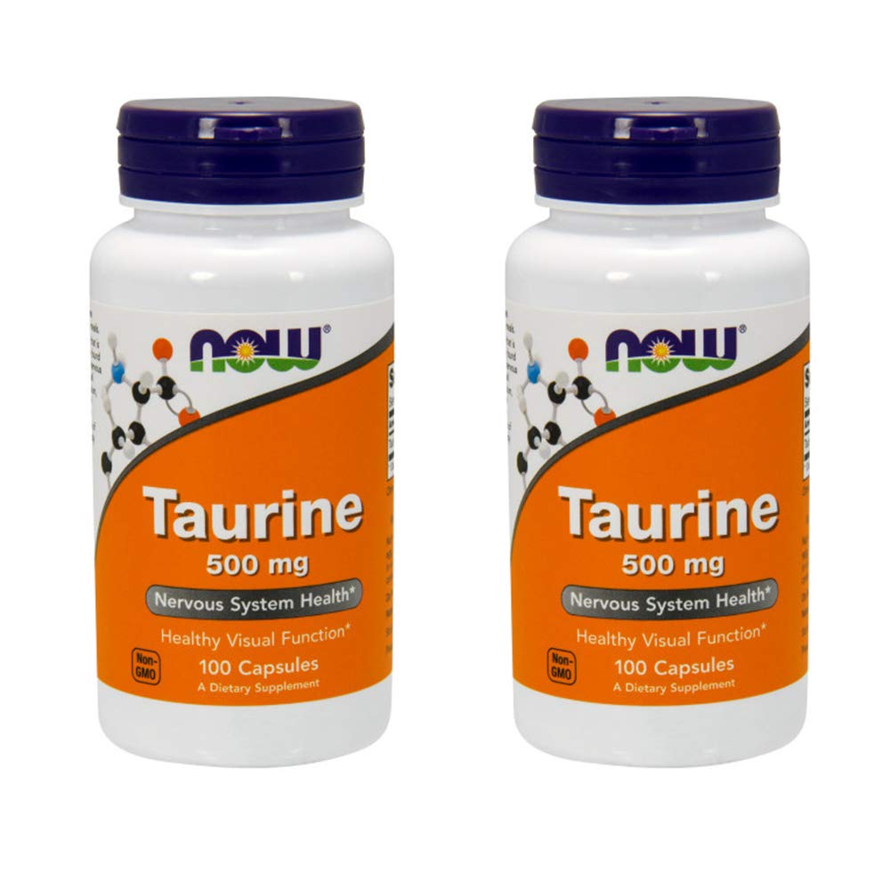 NOW Foods Taurine 500 mg capsules bottle front view, ideal for a simple daily supplement routine.