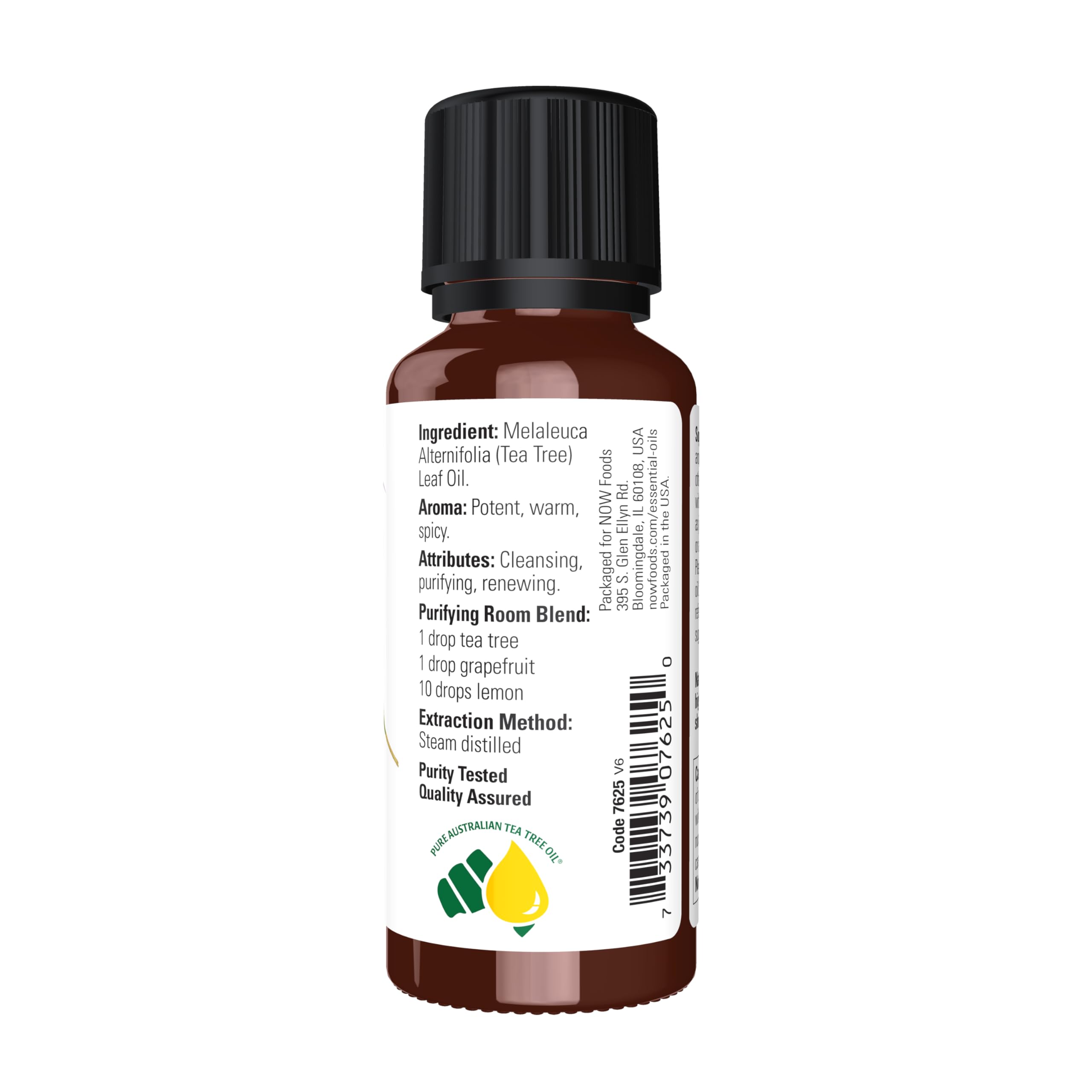 NOW Foods Tea Tree Oil bottle beside a diffuser for clean, uplifting ambiance.