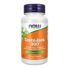 NOW Foods TestoJack 300 bottle label highlights 300 mg tongkat ali per capsule for daily support
