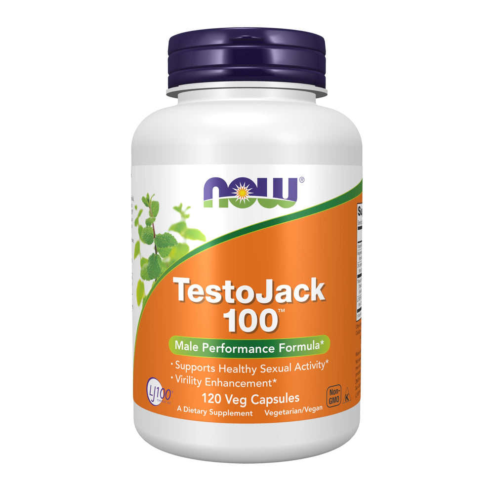 NOW Foods TestoJack 100 bottle label showing the formula for healthy sexual activity.