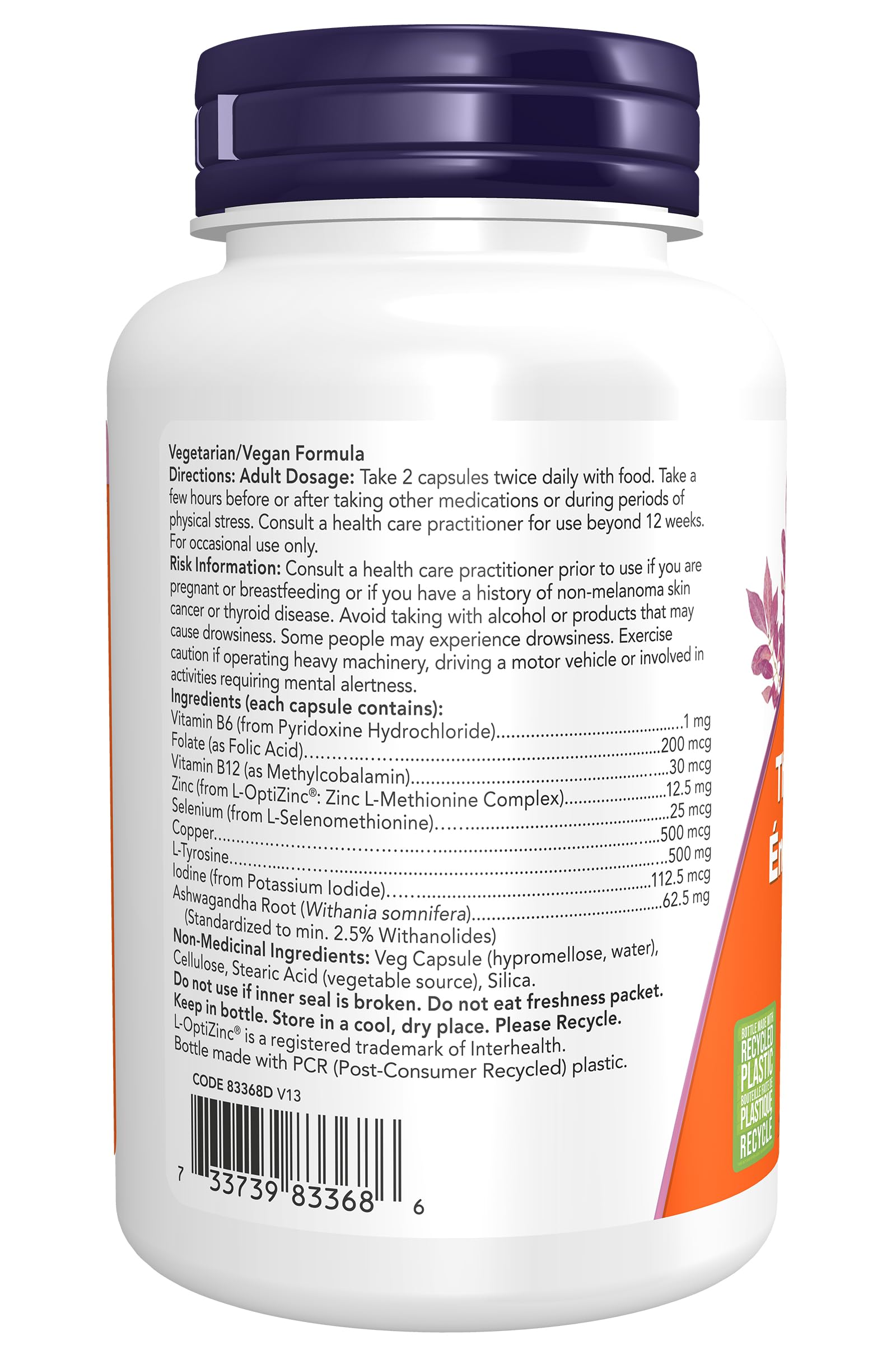 NOW Foods Thyroid Energy label—minerals and ashwagandha for balanced thyroid function.