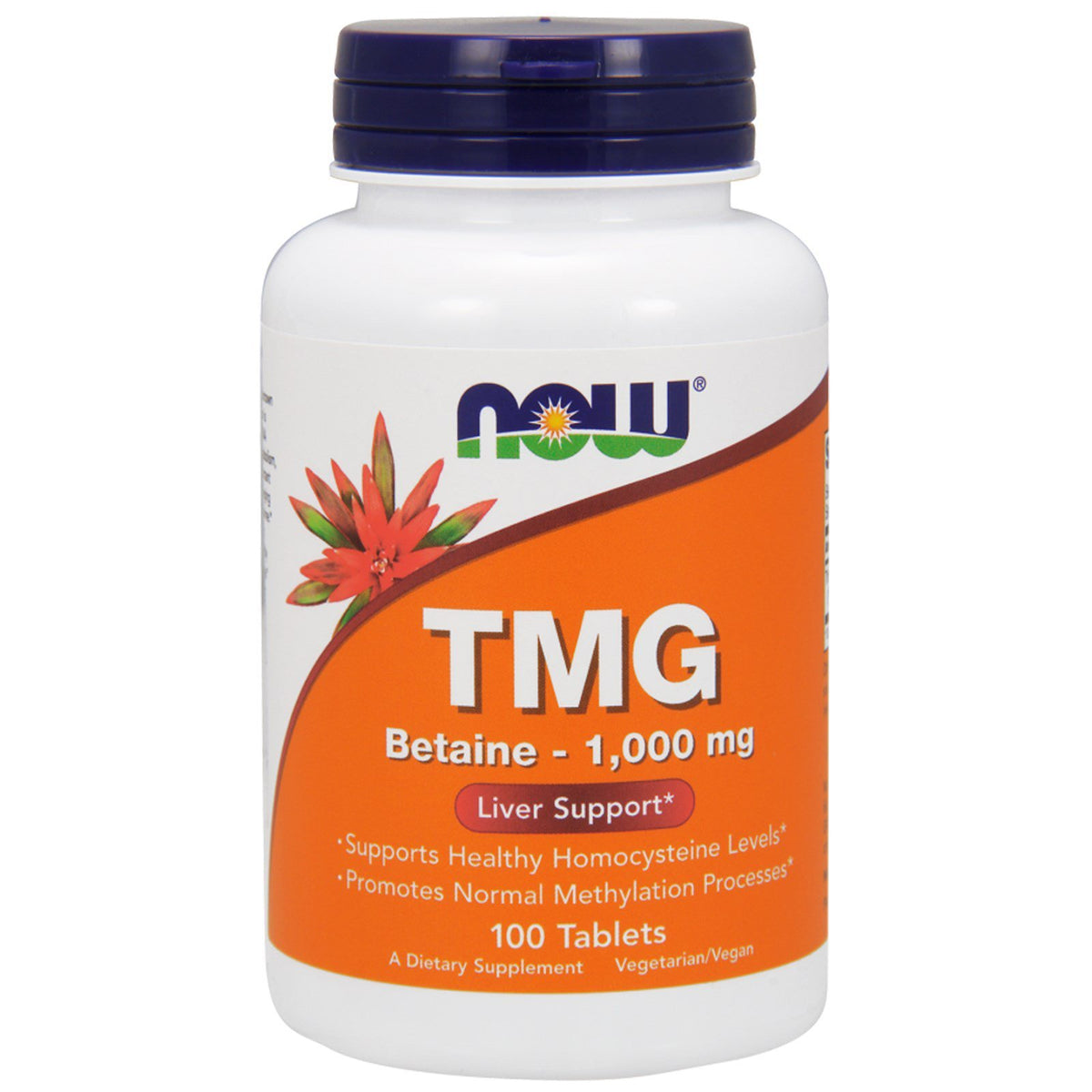 NOW Foods TMG 1000mg bottle front view; vegetarian formula supports homocysteine balance.