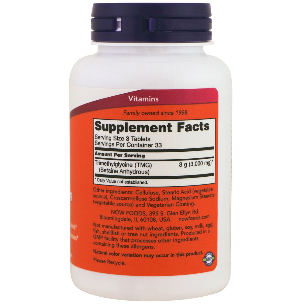 NOW Foods TMG 1000mg bottle side view highlighting dosage and compact packaging.