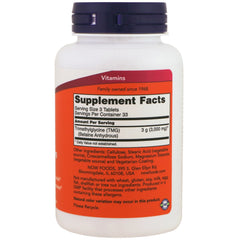 NOW Foods TMG 1000mg bottle side view highlighting dosage and compact packaging.