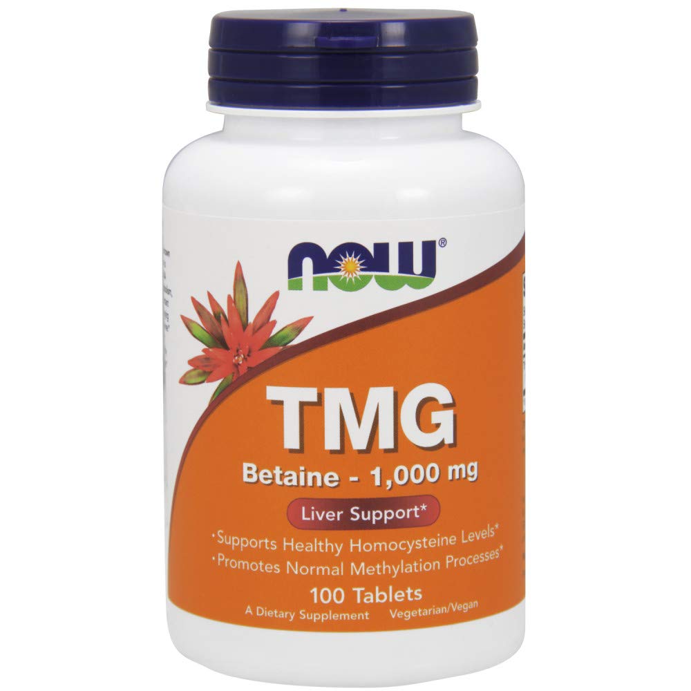 NOW Foods TMG 1000 mg tablets on bottle label, ideal for daily wellness.