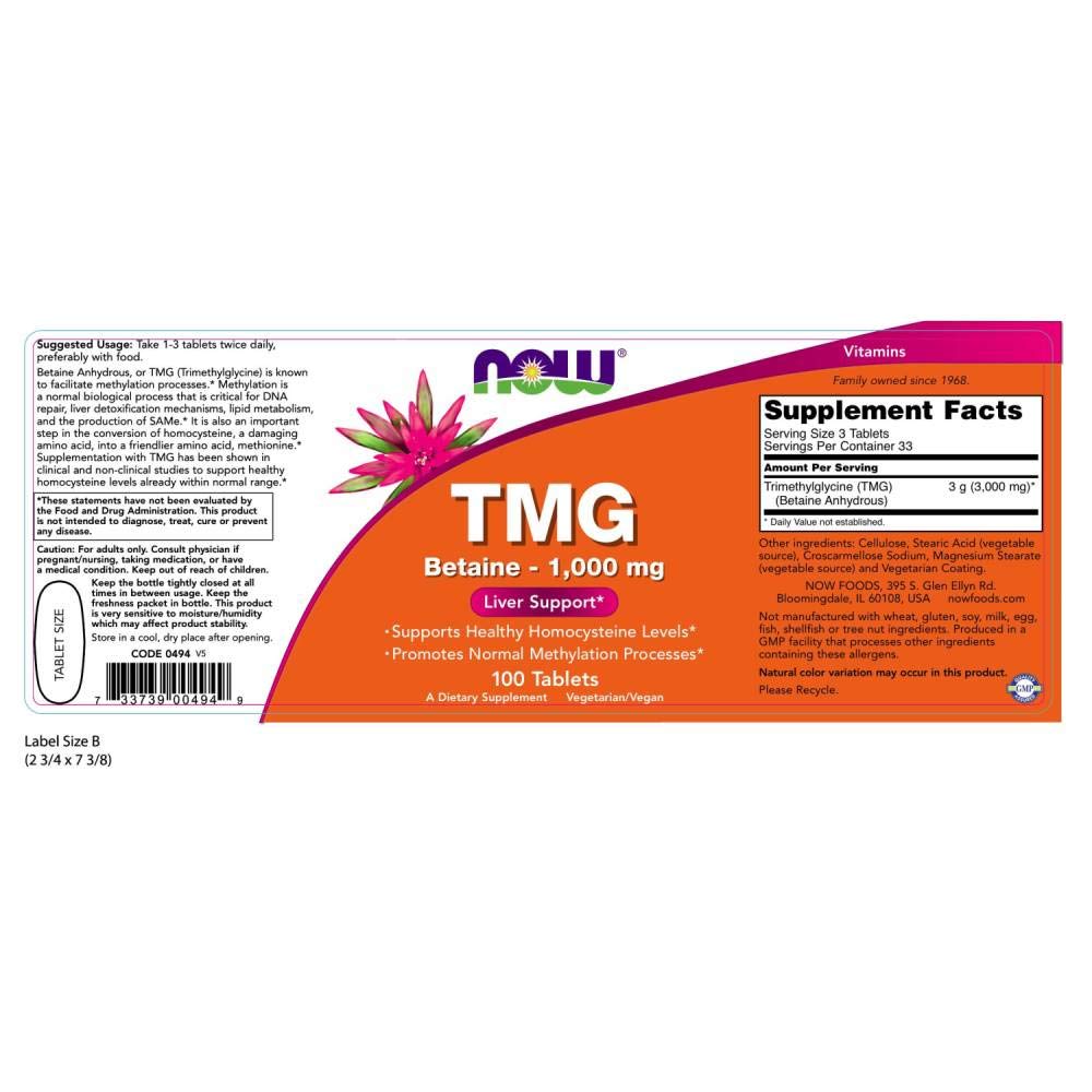 NOW Foods TMG 1000 mg bottle front, convenient daily supplementation.