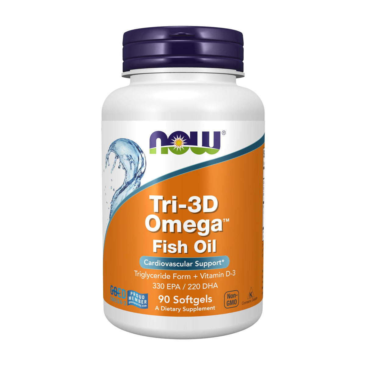 NOW Foods Tri-3D Omega bottle front view showing EPA and DHA content per softgel
