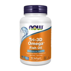 NOW Foods Tri-3D Omega bottle front view showing EPA and DHA content per softgel