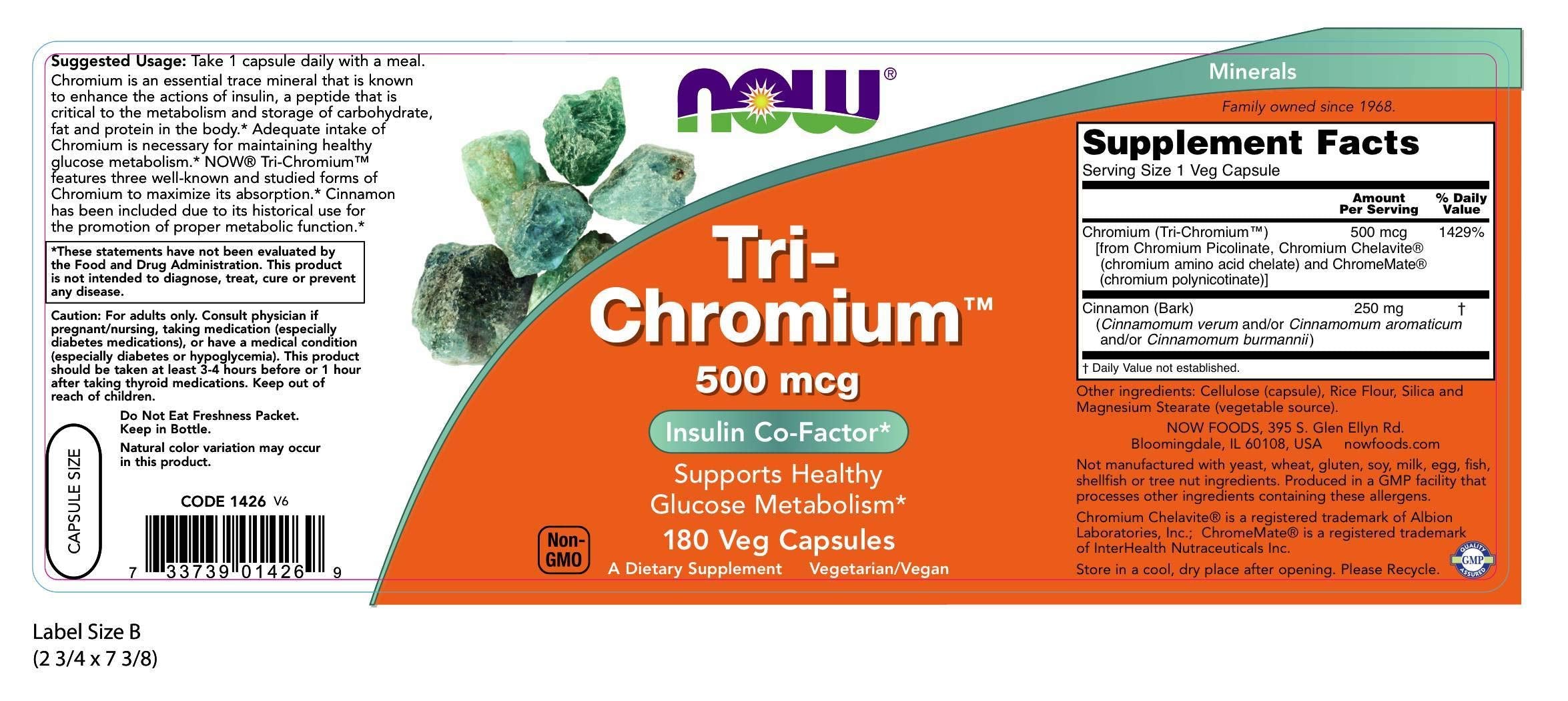 Close-up of NOW Foods Tri-Chromium capsules highlighting three chromium forms for daily mineral intake.