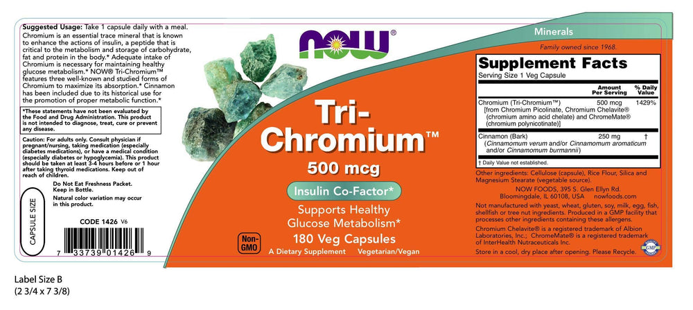 Close-up of NOW Foods Tri-Chromium capsules highlighting three chromium forms for daily mineral intake.