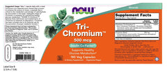 Close-up of NOW Foods Tri-Chromium capsules highlighting three chromium forms for daily mineral intake.