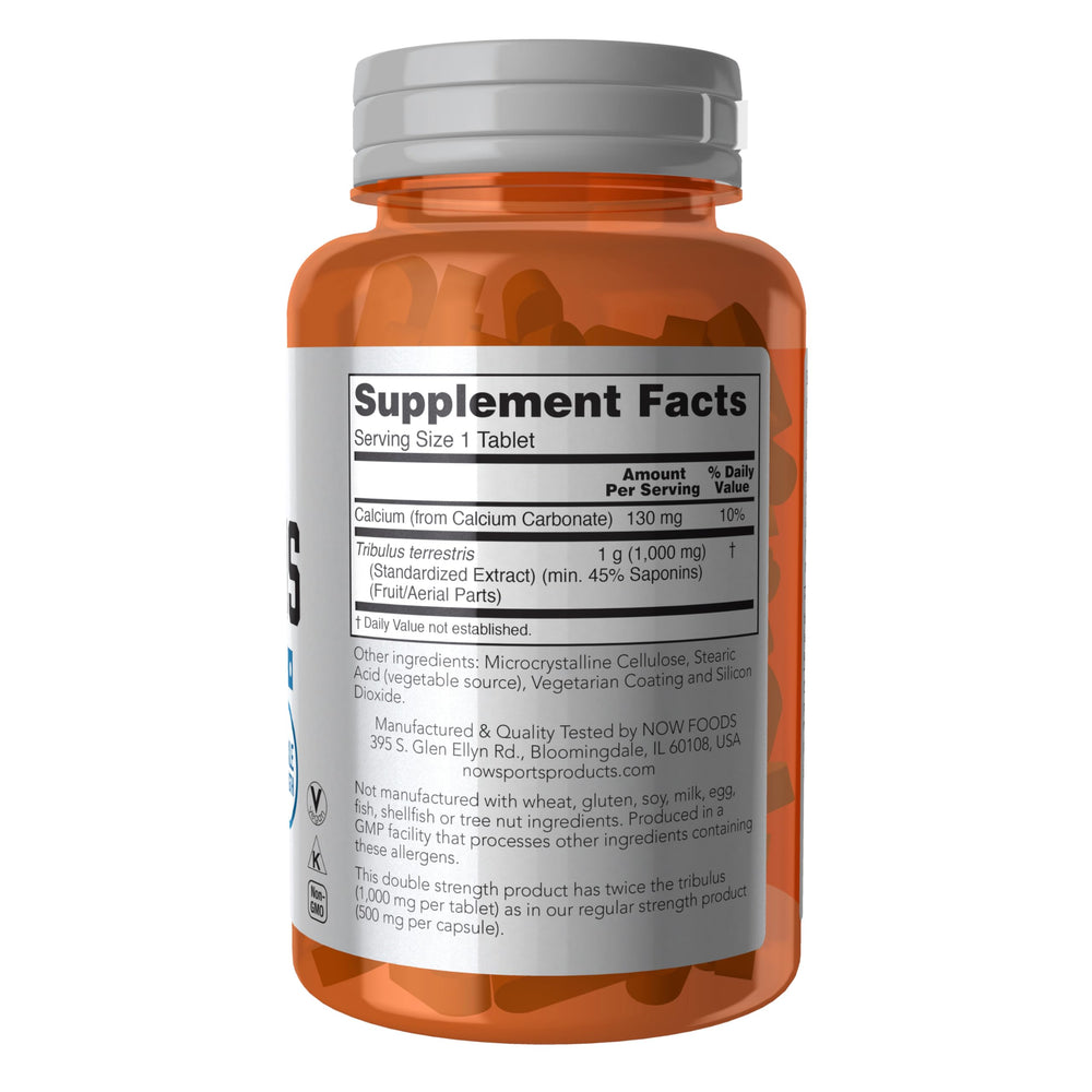 NOW Foods Tribulus 1000 mg tablet back reveals supplement facts and standardized extract.