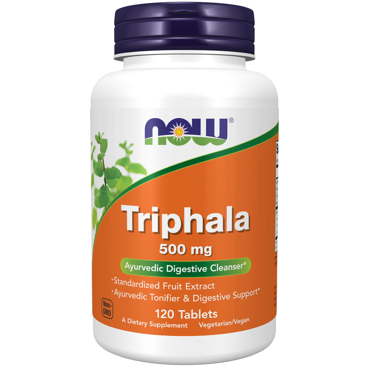 NOW Foods Triphala 500 mg tablets bottle; supports daily digestive wellness.