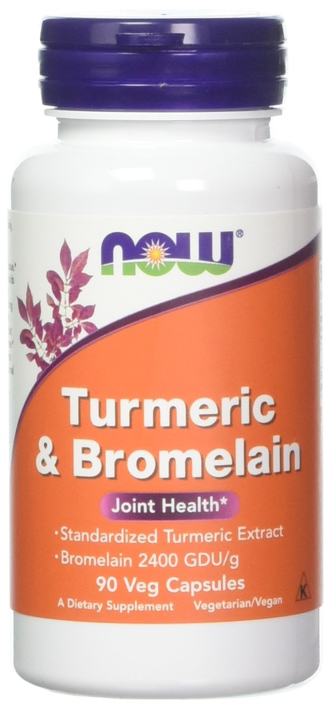 NOW Foods Turmeric and Bromelain 90-capsule bottle front for daily joint support during activity.