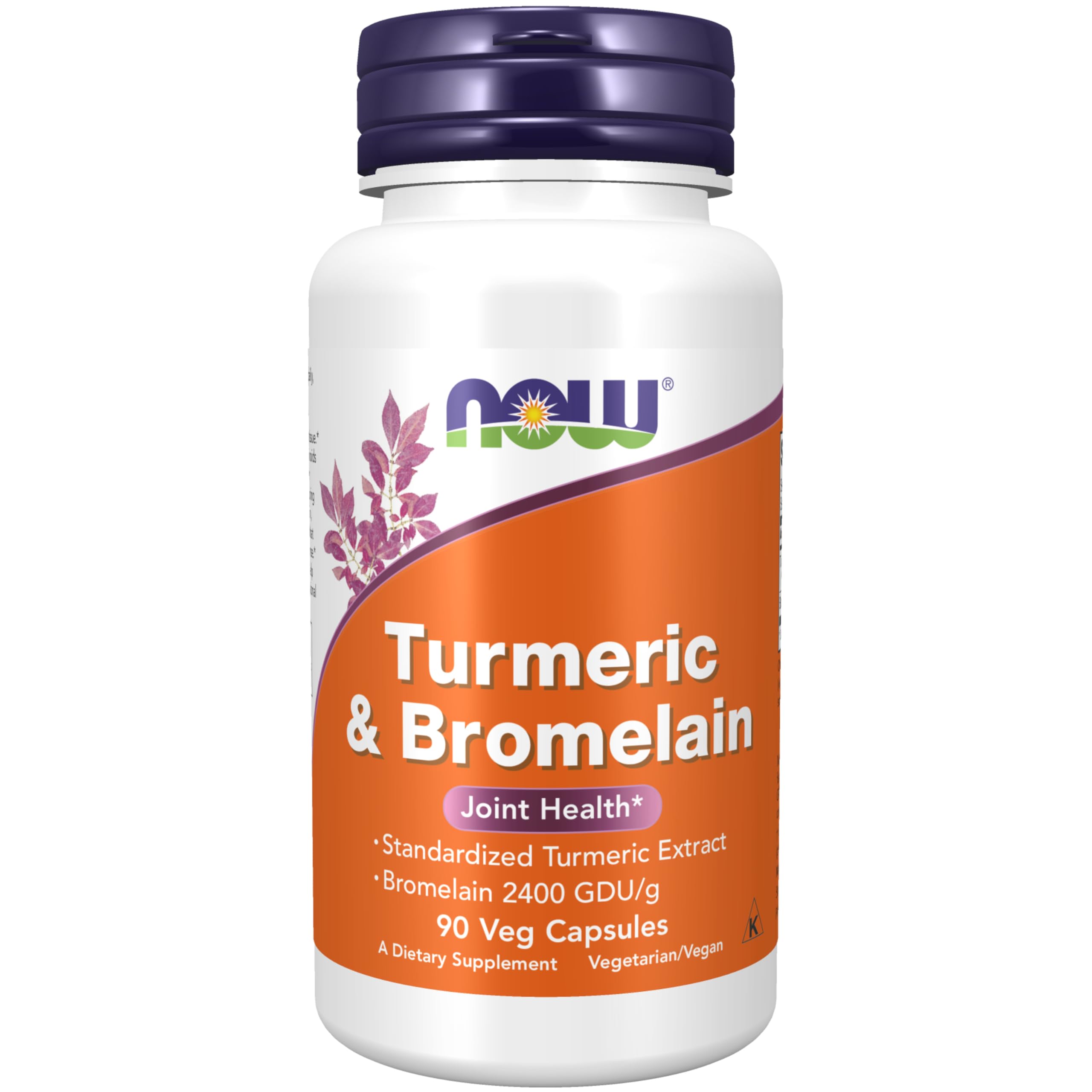 NOW Foods Turmeric and Bromelain bottle label close-up signaling joint support