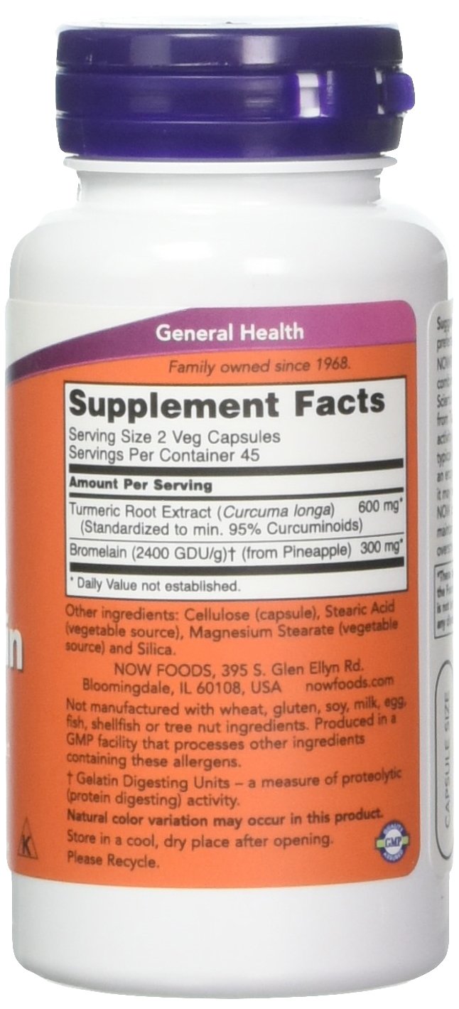 NOW Foods Turmeric and Bromelain capsules closeup showing easy dosing and capsule shape.