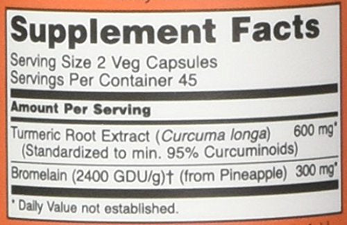 NOW Foods Turmeric and Bromelain label detail highlighting GMP quality certification.