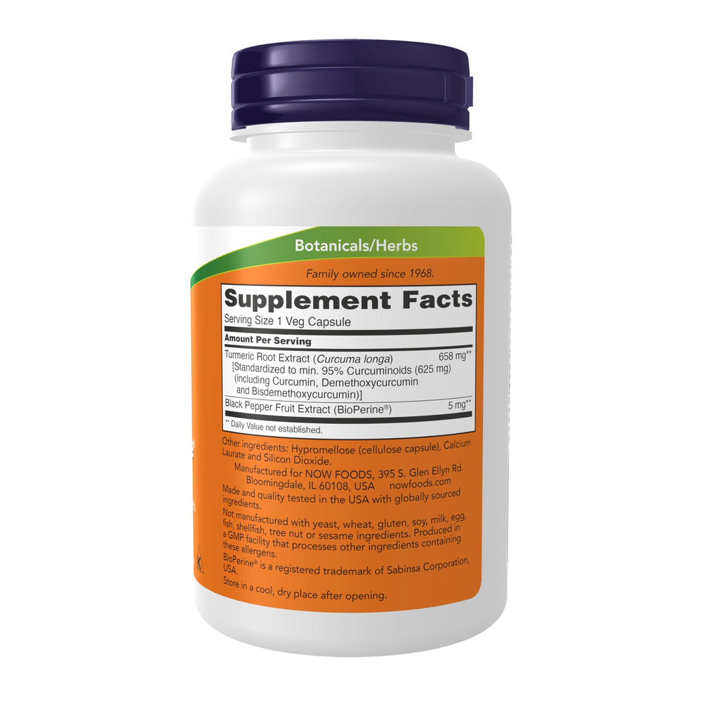 NOW Foods Turmeric Curcumin capsules ready for daily wellness routine.