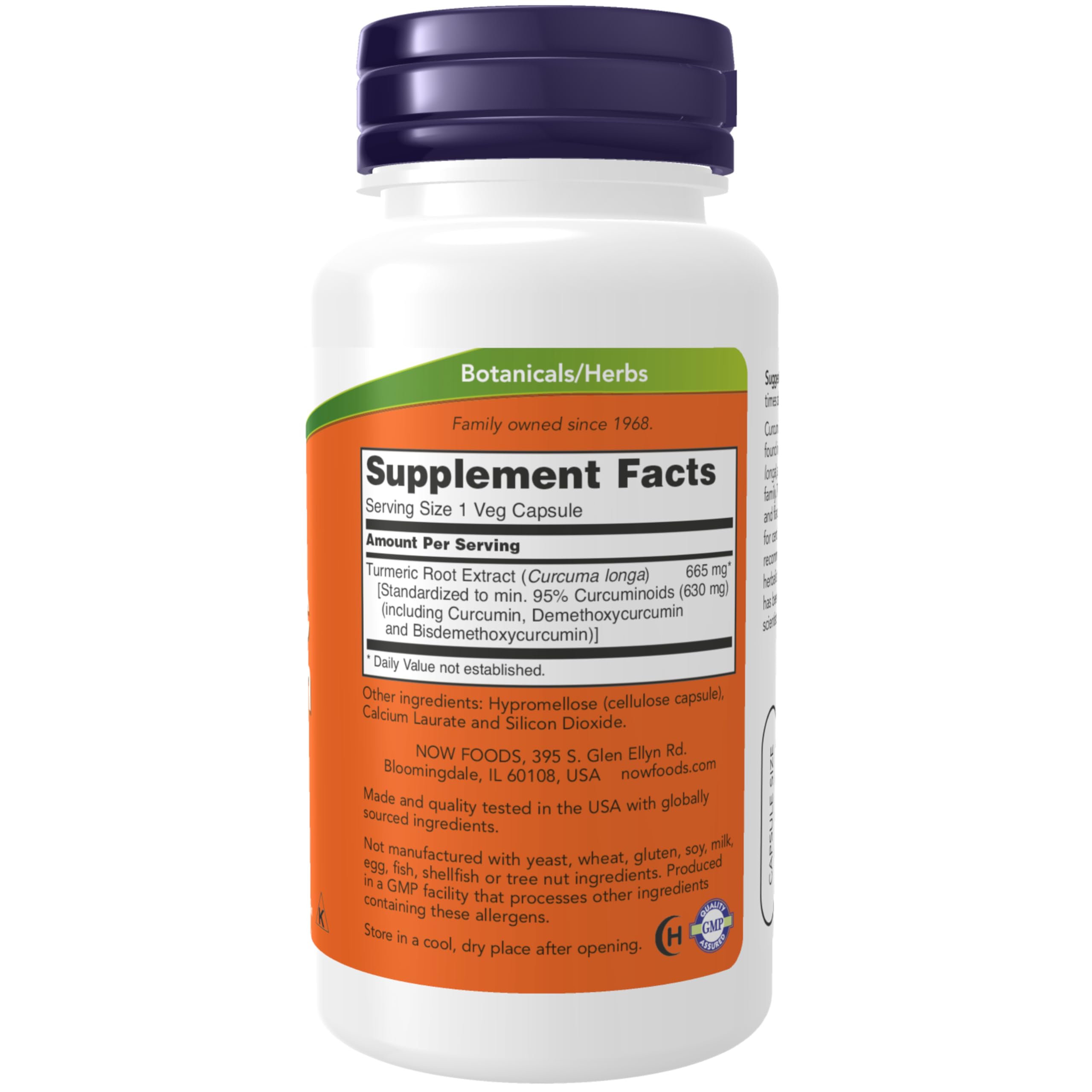 NOW Foods Turmeric Curcumin capsules label highlighting 95% curcuminoids