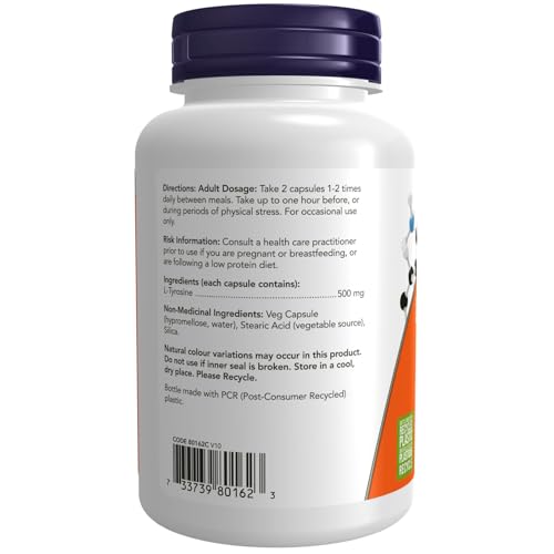 NOW Foods L-Tyrosine 500 mg label shows USP pharmaceutical-grade quality