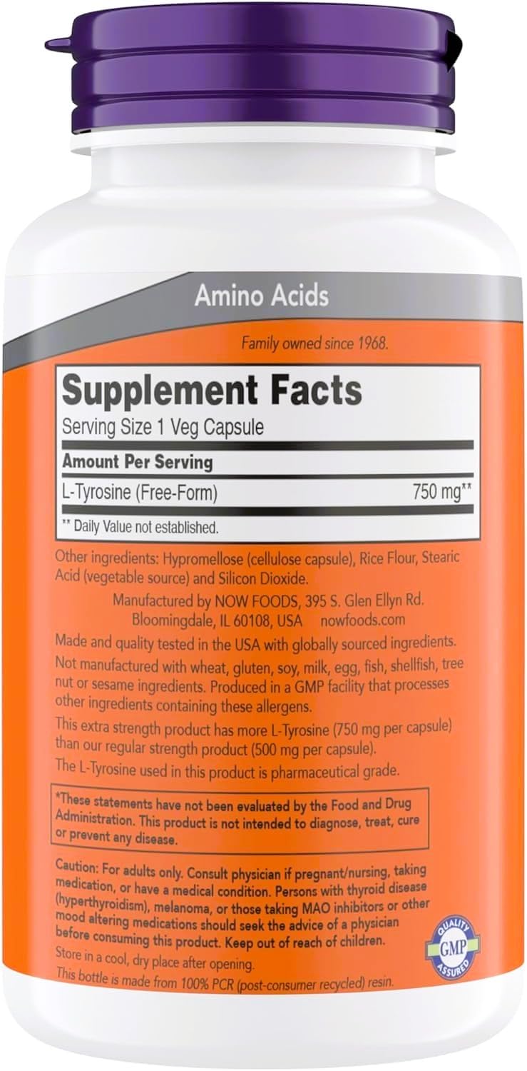 NOW Foods L-Tyrosine 750 mg bottle cap with easy to take capsules