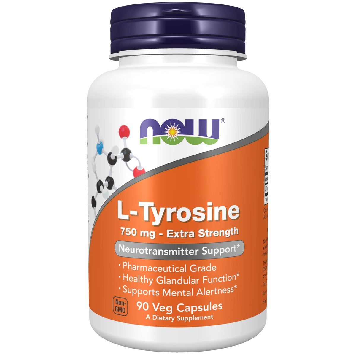 NOW Foods L-Tyrosine 750 mg bottle front showing trusted neurotransmitter support for daily use