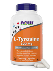 Now Foods L-Tyrosine bottle front view, 500 mg capsules for daily focus.