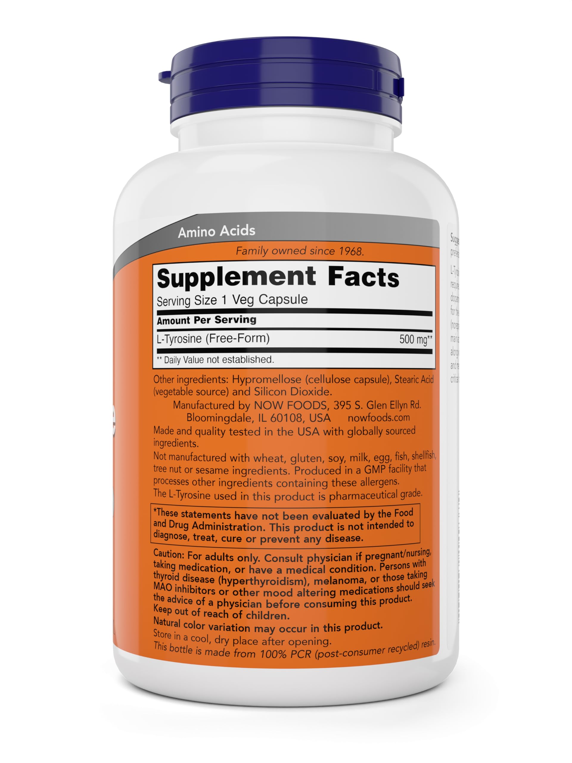 Now Foods L-Tyrosine bottle label details non-GMO and kosher status.