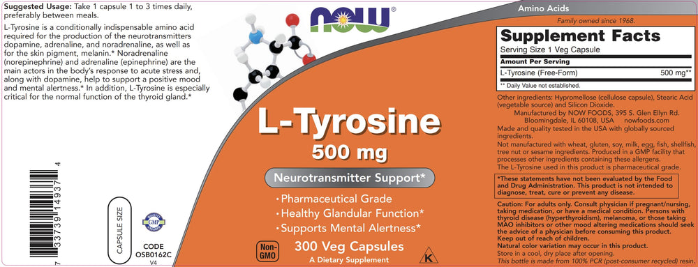 Now Foods L-Tyrosine bottle packaging highlights product details.