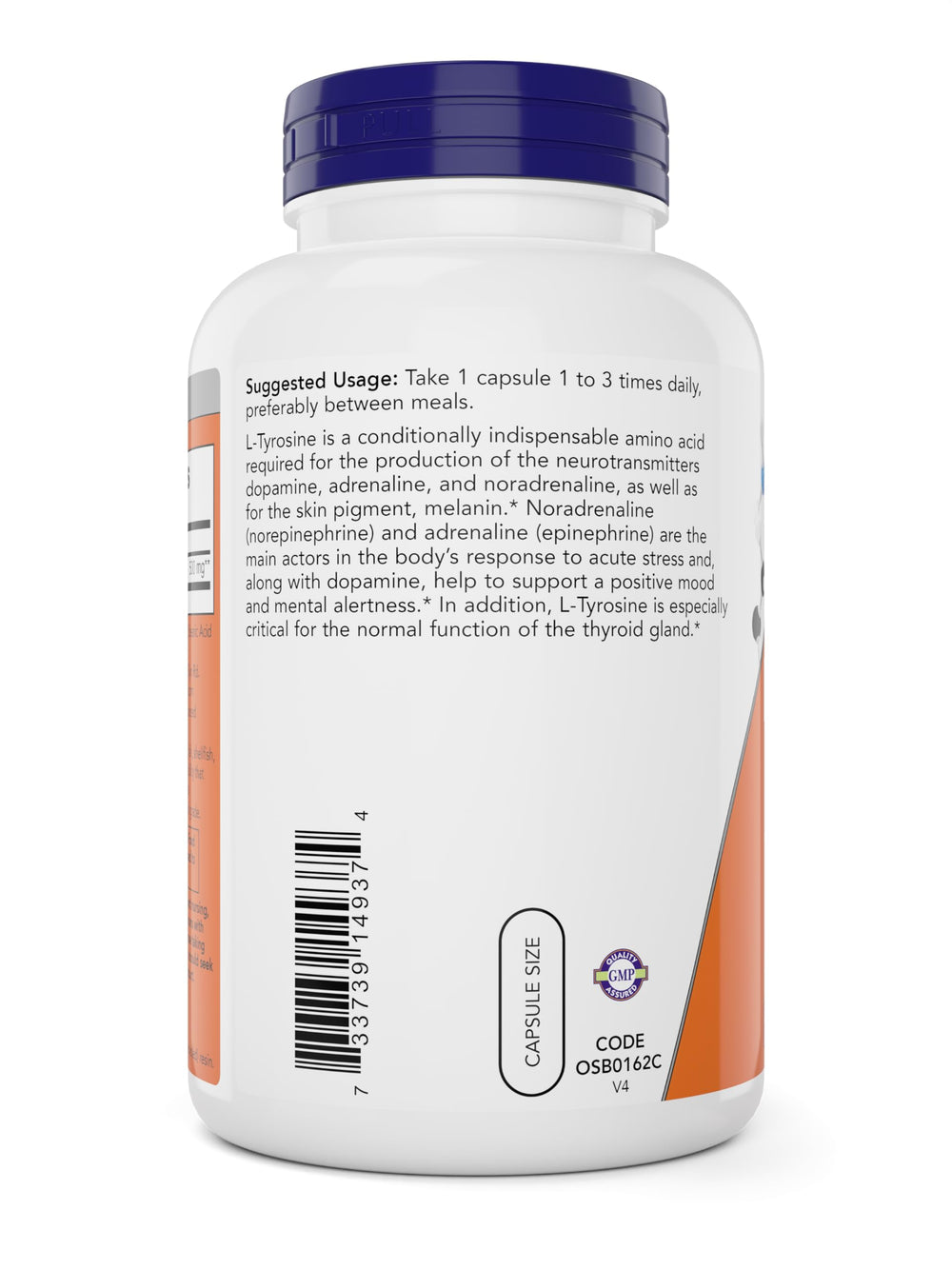 Close-up of Now Foods L-Tyrosine capsules showing 500 mg per capsule.