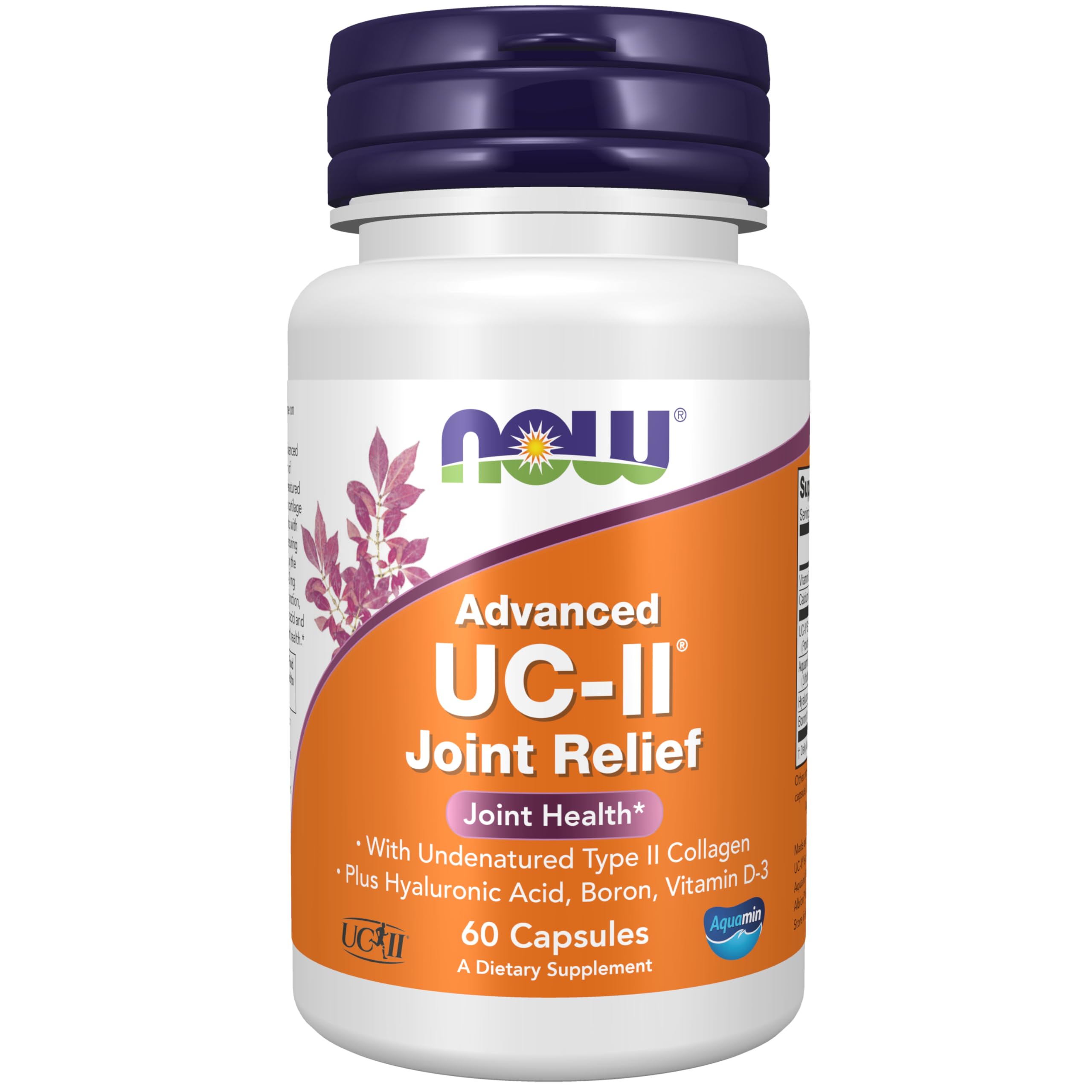 NOW Foods UC-II Advanced Joint Relief bottle shows undenatured collagen for joint support.