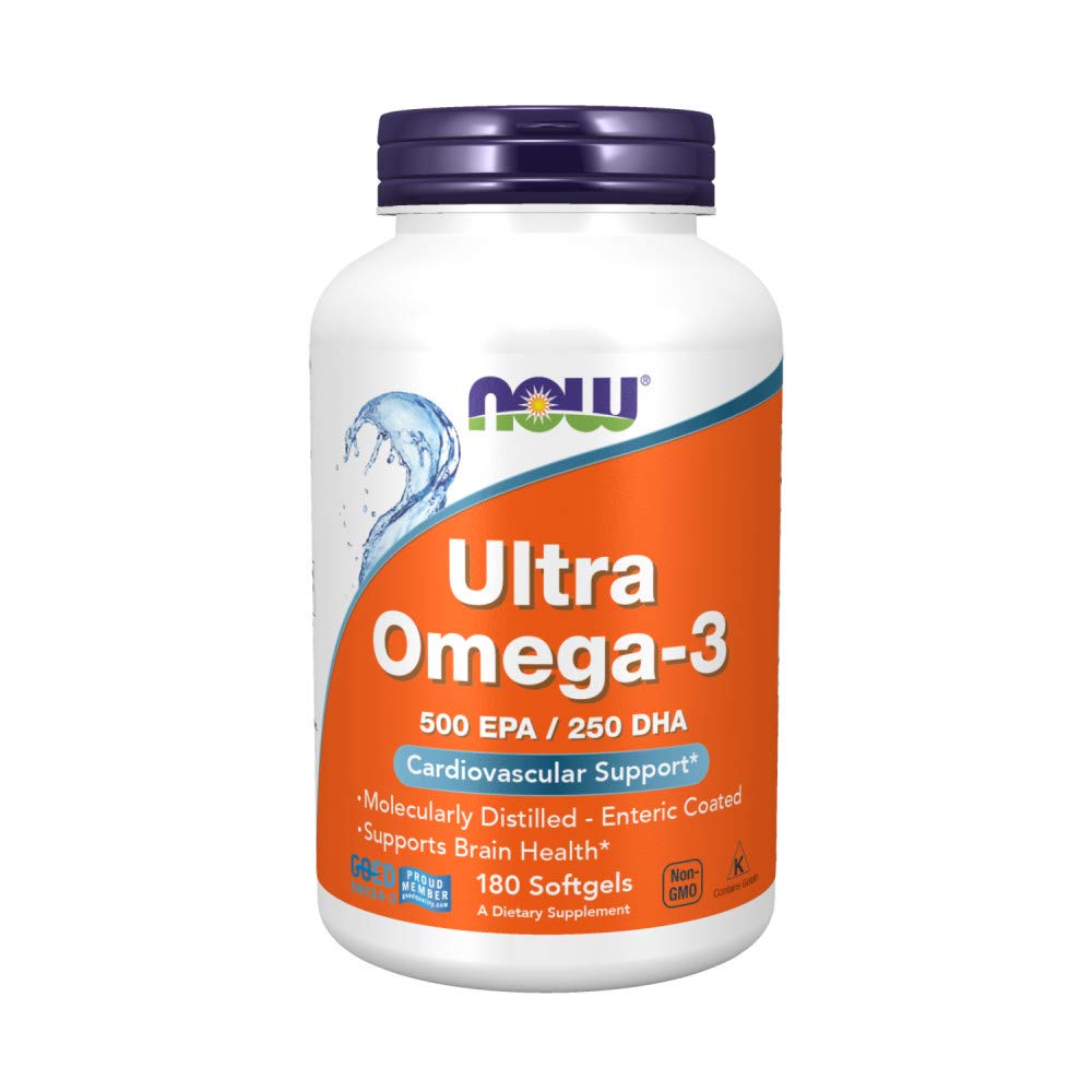 NOW Foods Ultra Omega-3 bottle front reveals 500 mg EPA and 250 mg DHA for brain health
