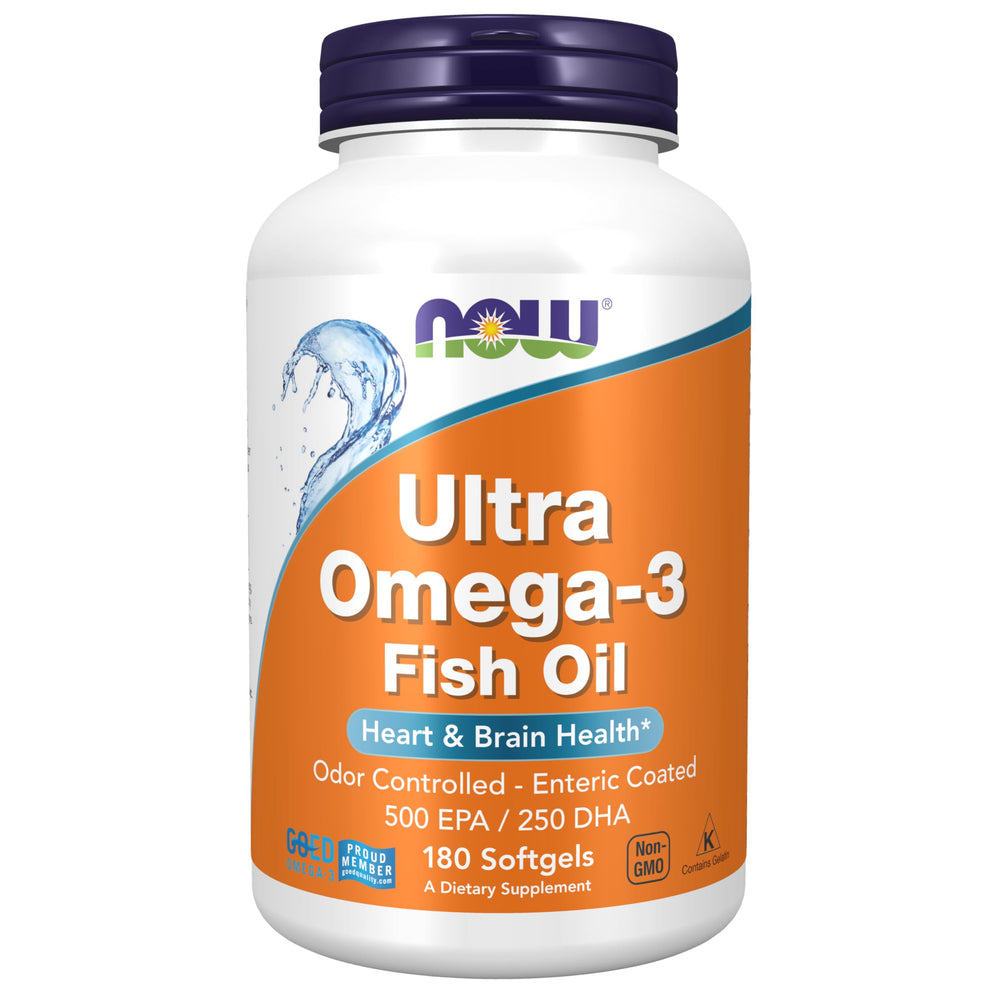 NOW Foods Ultra Omega-3 bottle front displaying purified molecularly distilled formula.