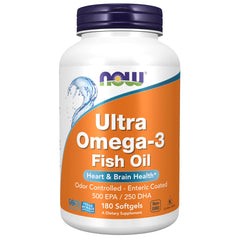 NOW Foods Ultra Omega-3 bottle front displaying purified molecularly distilled formula.