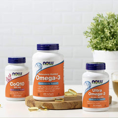 NOW Foods Ultra Omega-3 bottle on counter suggesting everyday wellness ritual