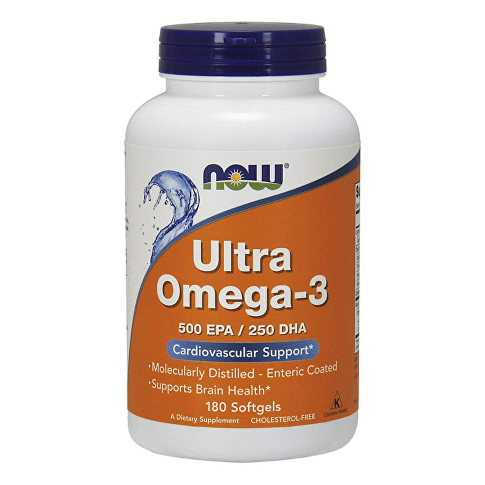 NOW Foods Ultra Omega-3 bottle closeup showing enteric-coated softgels for easier digestion.