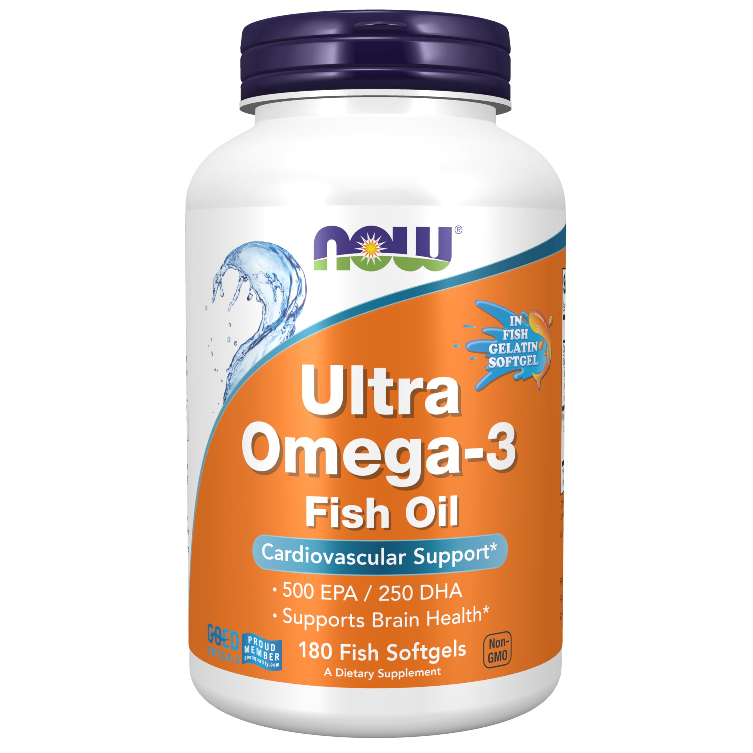 NOW Foods Ultra Omega-3 softgels bottle showing heart and brain health support