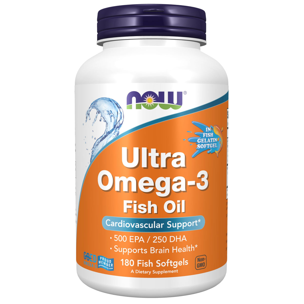 NOW Foods Ultra Omega-3 softgels bottle showing heart and brain health support