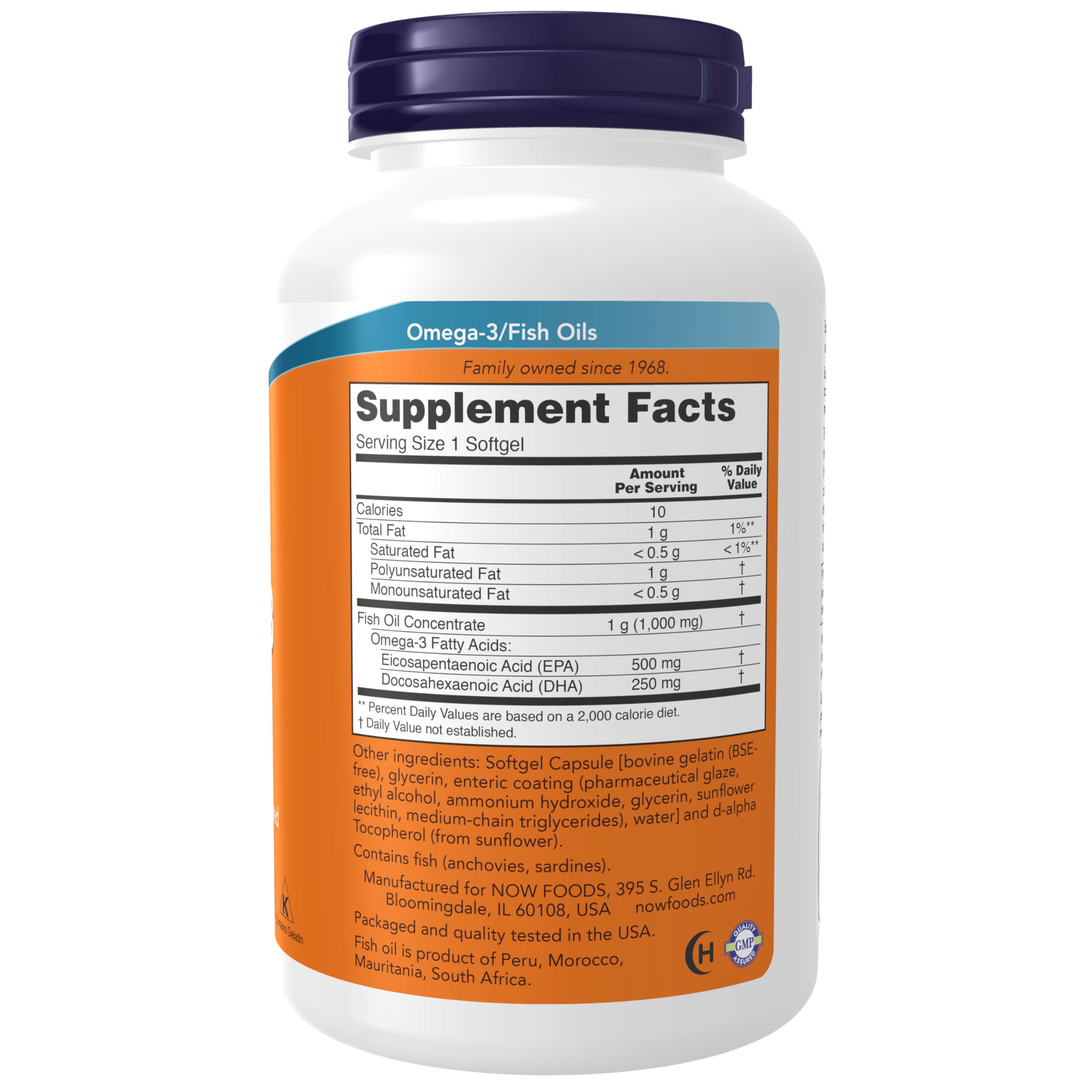Close-up of NOW Foods Ultra Omega-3 softgels highlighting enteric coating for smoother intake.