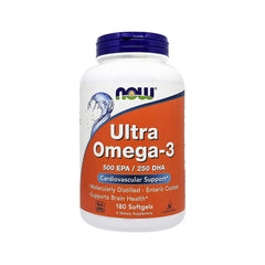NOW Foods Ultra Omega-3 softgels closeup highlighting purity from molecular distillation.