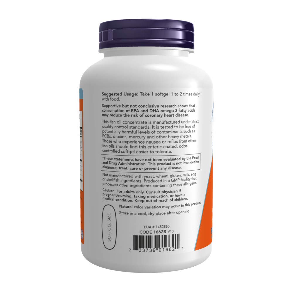 NOW Foods Ultra Omega-3 softgels inside bottle, easy-to-swallow daily use