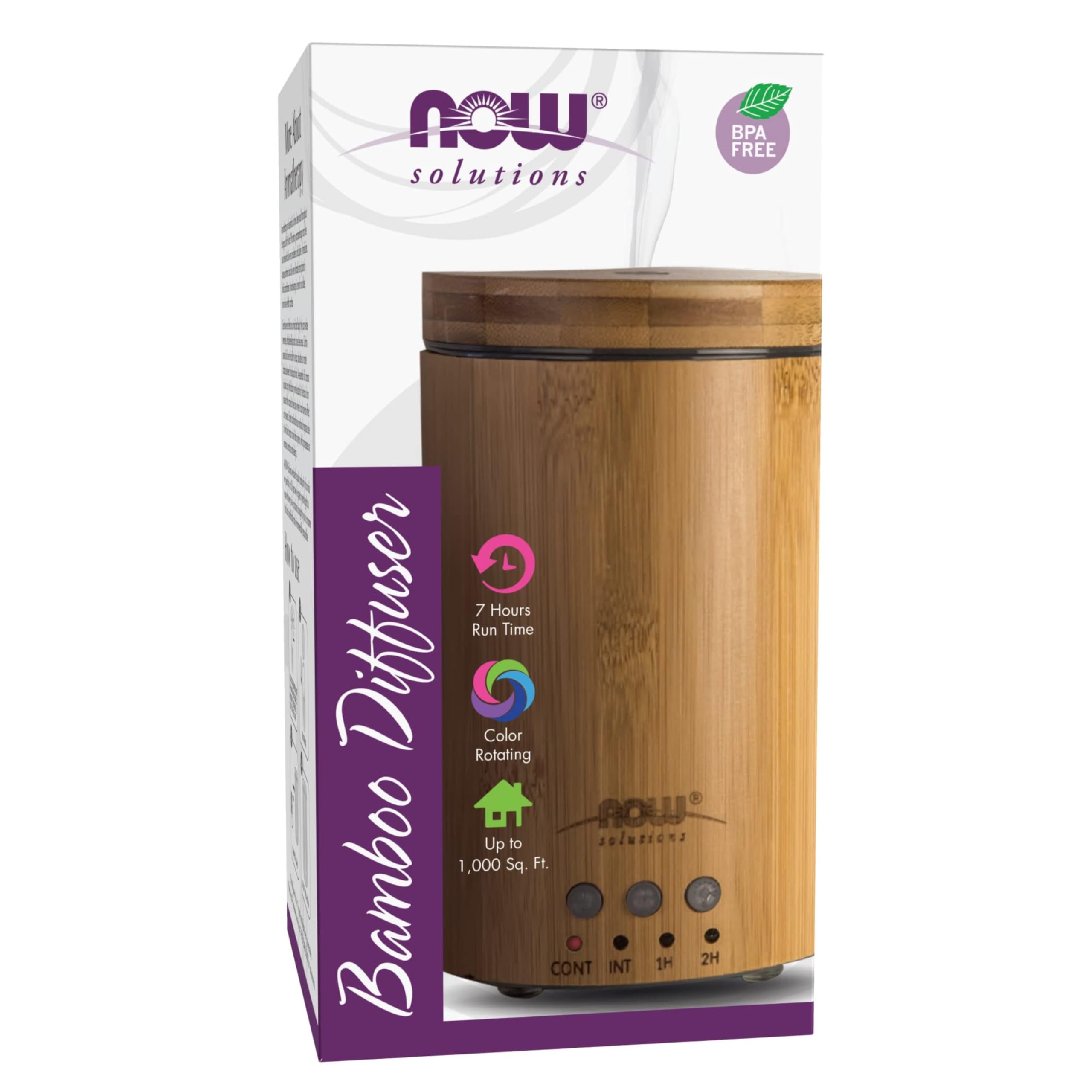 NOW Foods Ultrasonic Diffuser with bamboo cover delivering a subtle, natural aroma.